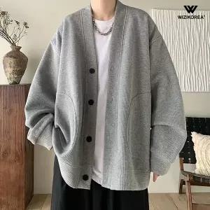[위즈아이]남성 여름 남자 오버핏 가디건 와플 니트 브이넥 봄 간절기 루즈핏 가을 아우터 WI011G