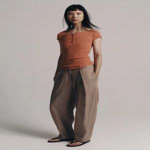 ZARA 린넨 혼방 버튼 티셔츠 - 테라코타 0858/704/658