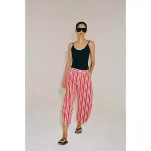 ZARA ZW 컬렉션 미드라이즈 스트라이프 발룬 카프리 청바지 - 화이트 / 레드 9632/264/061