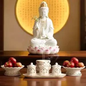 불교 제단 용품 세트 흰색 도자기 6개 구성 성스러운 잔 과일 접시 향로 적합합니다 가정용 성소 및 명상