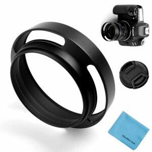 77MM 중공 렌즈 후드 유니버설 메탈 통풍 틸트형 곡면 라이카 캐논 니콘 소니 펜탁스 올림푸스 후지 카메라용 센터 핀치 캡 포함 선쉐이드 + 마이크로화이버 클리닝