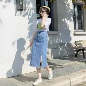 청치마 앞절개 여자 워싱 다리 패션 연청 A라인 롱데님 길이보이는 앞트임스커트