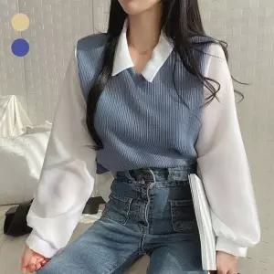 찐찐샵 조끼 블라우스 레이어드 페이크 카라 긴팔티셔츠
