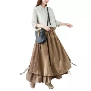 여성 리넨 안감 스트링 스커트 자수 밴딩 중기장 A라인