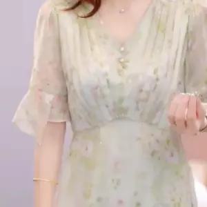 여성 가벼운 깃털 실크 플로럴 쉬폰 드레스 여름 슬리밍 무릎 오버 스커트