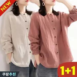 (완전 편한) 3XL까지 1+1 여성 면 마 사계절 라운드 긴소매 남방 블라우스 빅사이즈 편안한 루즈핏 가벼운