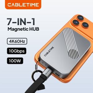 CABLETIME USB C 허브 7 IN 1 NVMe SSD 마그네틱 4K ProRes 비디오 녹화 SD/TF 3.0  자석 부착 아이폰 호환