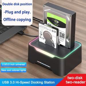 2.5/3.5 인치 듀얼 디스크 SATA 하드 드라이브 도크 USB3.0 노트북 데스크탑 PC RGB 조명 USB-C 3.1표준 12