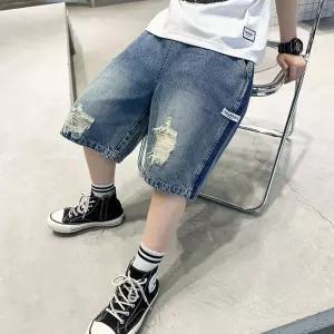 헤짐라인데님반바지 찢청 아동공용 여름팬츠 청반바지 초등생 주니어 여아 남아 여름5부팬츠 데님팬츠