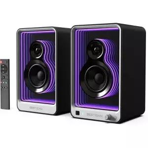 BESTISAN 50W*2 액티브 북쉘프 스피커 다이내믹 라이트 효과 탑재 3인치 베이스 ARC/Optical/RCA/BT