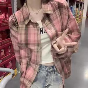 여성 여리여리 핑크 체크 무늬 셔츠 자켓