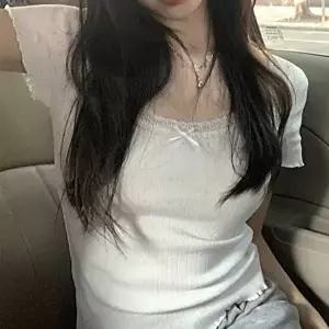 데일리룩 레이스 스퀘어넥 리본 반팔 티셔츠 펀칭 레이스 여름