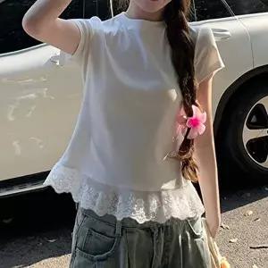 데일리룩 레이스 밑단 포인트 반팔 티셔츠 데일리 프릴 캐주얼