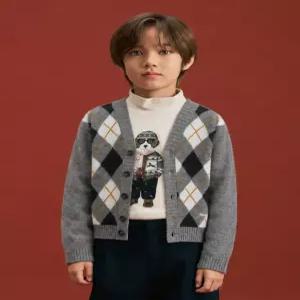 헤지스 키즈 26FW [KIDS] 아가일 V 넥 가디건 그레이 HBSW6FK17G2