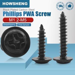 HOWSHENG 크로스 라운드 헤드 셀프 태핑 나사(와셔 포함) PWA 나사 M1.2 M2 M5 검정색 도금 팬 필립스 호환