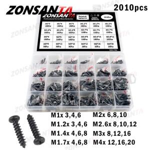 450-2010개 M1.2 M2 M3 M4 블랙 크로스 필립스 호환 팬 라운드 헤드 탄소강 셀프 태핑 나무 나사 세트 모음