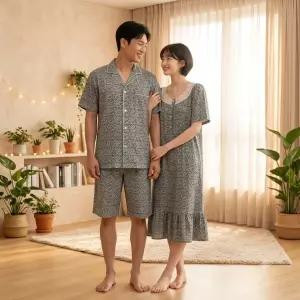 바바라 언더웨어 수입 인견 나뭇잎 프린트 남여 실내복 원피스커플세트 AGW4621LAMP4621S MJI767