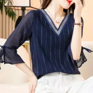 XU0307C 여성 브이넥 망사 레이스 7부 소매 반팔 티셔츠