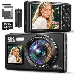 삼각대와 배터리 2개가 포함된 5K 디지털 카메라 64GB | 64MP 듀얼 스크린 자동 초점 유튜브용 브이로깅 컴팩트 포인트 앤 슛 초보자에게 적합 캠퍼스 여행용