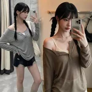 [하프클럽/]루즈헨리넥티 긴팔 단추버튼 루즈핏 내추럴얇은 데일리 사이즈