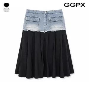 GGPX데님 배색 아코디언 롱 스커트 GQ8SK020F
