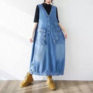 청수정 여성 봄여름 빅사이즈 티플라워 데님 빈티지 캔버스 빅포켓 브이넥 롱 조끼 KS