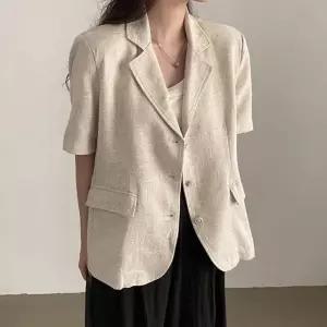 쓰리버튼 린넨 반팔 자켓 여성 오버핏 하프 여름 재킷