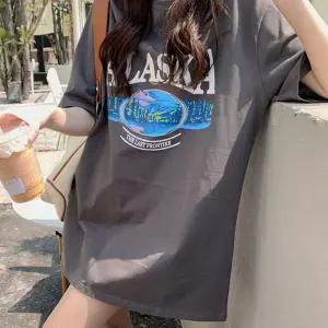 여성 프린트 프린팅 반팔 티 오버핏 박스 티셔츠 차콜 기본티 a-WFIRJUP