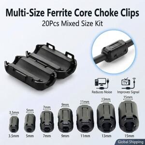 20개 모듬형 페라이트 코어 EMI RFI 노이즈 억제 비드 3.5mm 7mm 9mm 클립형 토로이달 초크 (USB HDMI 비