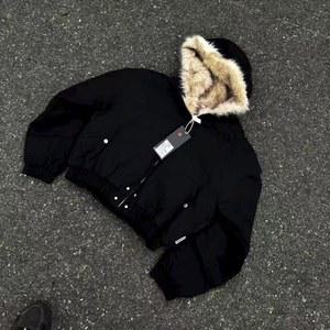 Y2K 아메리칸 블랙 레트로 울 칼라 두꺼운 코튼 자켓 남성과 여성 패션 펑크 빈티지 streetwear 루즈 캐주얼 자켓