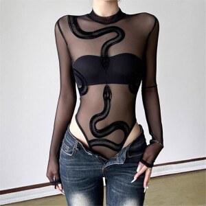 Womens Mesh Long Sleeve Bodysu t 라운드 넥 쉬어 레오타드 의류 스네이크 바디 슈트 탑 스냅 가랑이 Clubwear G fts