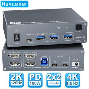 Navceker USB 3.0 HDMI KVM 스위치 듀얼 모니터 C타입 노트북 1 대 컴퓨터 2 맥북 호환 PC용 4K 60Hz