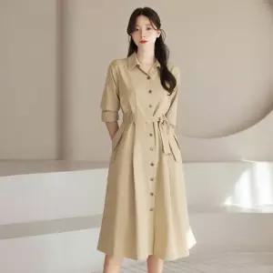 시크라인 ~XXL까지 레네론 오픈카라 아일렛 벨트 플레어 원피스 봄 가을 오피스 하객룩 데이트 모임 미시