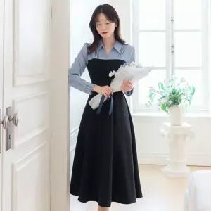 시크라인 ~XXL까지 디에이 배색 셔링 오픈카라 벨트 플레어 원피스 봄,가을 하객룩 오피스룩 격식룩 데이트