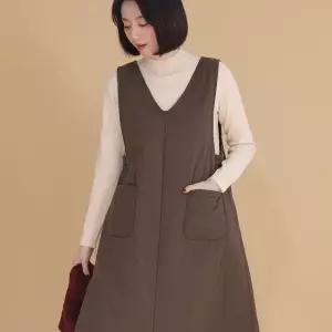 애비뉴투지 엄마옷 브이 솜 패딩 겨울 조끼 주머니 롱 A라인 원피스 K12239