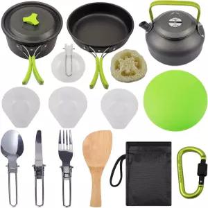 Peidesi Camping Cookware Mess Kit Portable Camp Stove Pots and Pans Set Carabiner Folding Knife Fork
