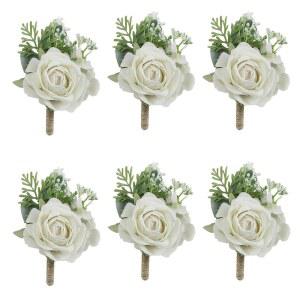 Boutonn eres 꽃 인공 장미 실크 화이트 아이보리 코사지 Buttonhole Groomsmen Boutonn ere for Men 웨딩 액세서리