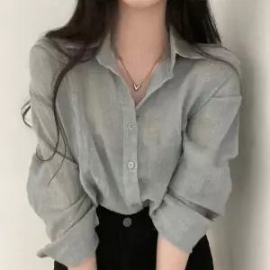 얇은 여름 셔츠 긴팔 세미 크롭 컬러 오프숄더 새틴 언발 여성 블라우스 셔츠 베이직