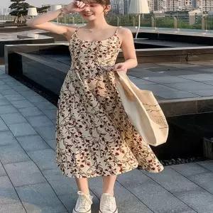 여성 뷔스티에 플라워 롱원피스 나시 꽃무늬 끈조절 ONE 봄원피스 HWCF430D
