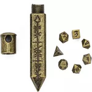 CRITALLIC 룬 키체인 케이스 브론즈 포함 미니 주사위 세트 DND 롤플레잉 게임용 7개 폴리헤드럴 금속