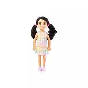 Barbie 바비 첼시 인형 땋은 머리에 검은 머리의 작은 탈부착 가능한 격자 무늬 드레스와 핑크색 신발을 착