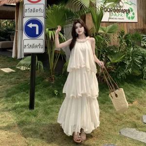 록쉬블몰 여성 빅사이즈 프렌치 바캉스풍 천금 쉬폰 케익 스커트 민소매 원피스 선스커트