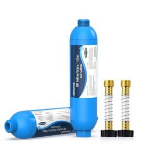 BRINGPURE RV 인라인 정수기 유연한 호스 보호기 포함 | NSF 42/372 인증 음용수 내 염소 냄새 맛 녹 불소 감소 및 해양용 전용 2개 세트
