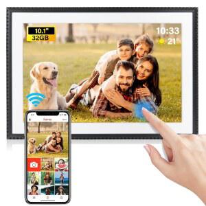 OUUOEE WIFI 디지털 사진 액자 10.1인치 32GB 저장 공간 IPS HD 터치 스크린 자동 회전 기능 FRAMEO 앱을 통해 또는 동영상 공유 가능