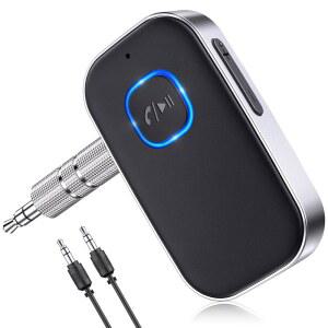 COMSOON 차량용 블루투스 리시버 3.5MM AUX 차량 어댑터 | 노이즈 캔슬링 홈 스테레오 및 유선 헤드폰용 무선 오디오 핸즈프리 통화 16시간 배터리 블랙+실버 색상