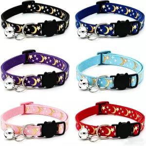 6개 세트 문 스타 프린트 고양이 목걸이 나일론 조절식 분리형 벨 포함 (19-32cm)