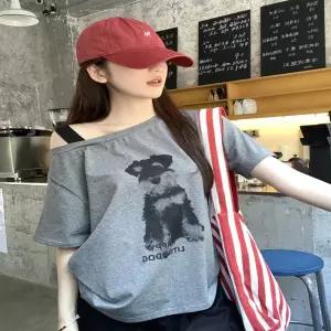 오프숄더 레터링티셔츠 반팔티셔츠 언발티셔츠 여자 강아지 캐주얼 언발란스