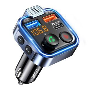 LENCENT FM 트랜스미터 차량용 어댑터 무선 블루투스 5.3 라디오 카 키트 | TYPE-C PD 20W+ QC3.0 고속 USB 충전기 핸즈프리 통화 MP3 플레이어 수신기 하이파이 베이스 U 디스크 지원