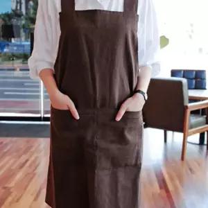 (다올)워싱 린넨 앞치마 이중포켓 어깨끈 롱형 브라운