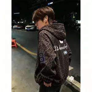 후드 티 가을 스웨트 오버핏 집업 미국식 빈티지 레오파드 자수 남자 남성 가을겨울 청 커플 가디건 카디건